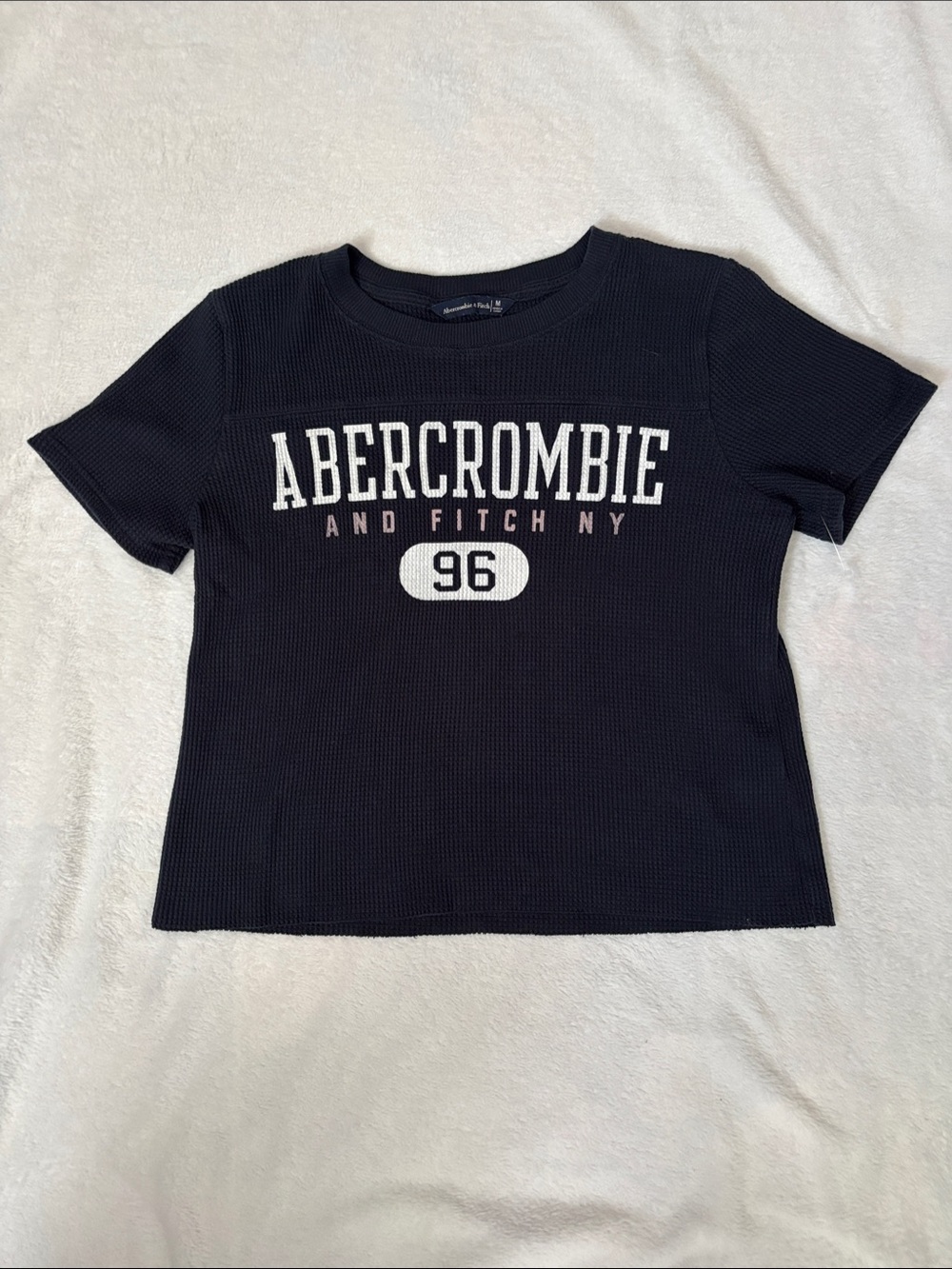 Abercrombie & Fitch Navy Short Sleeve Logo Tee with White and Light Pink Accents